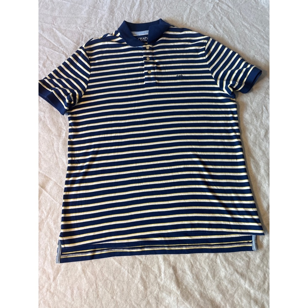 Chaps Polo Shirt Mens M Blue White Yellow Striped  Short Sleeve Cotton